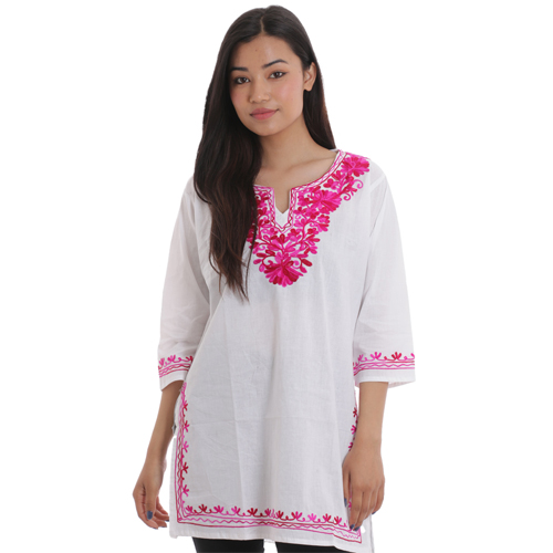 White-Pink Kashmiri Embroidered Floral Design Cotton Kurtha Tops For Women
